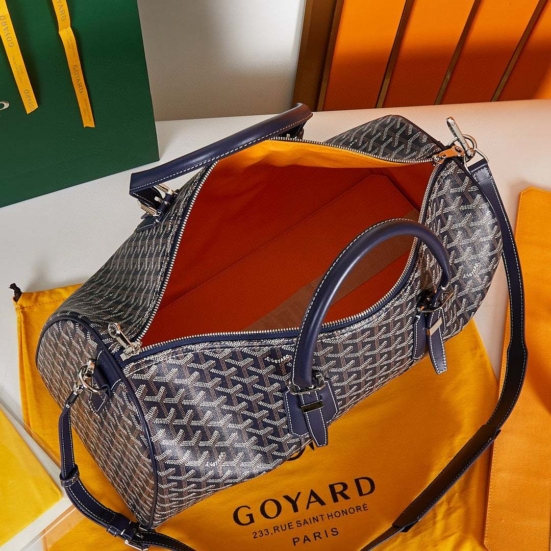 BOSTON 45 BAG IN NAVY BLUE GOYARDINE CANVAS AND CALFSKIN TRIM Amelia