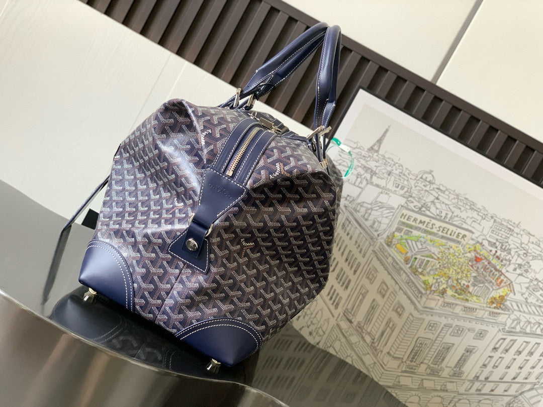 BOWLING 45 BAG IN NAVY BLUE GOYARDINE CANVAS AND CALFSKIN TRIM Amelia