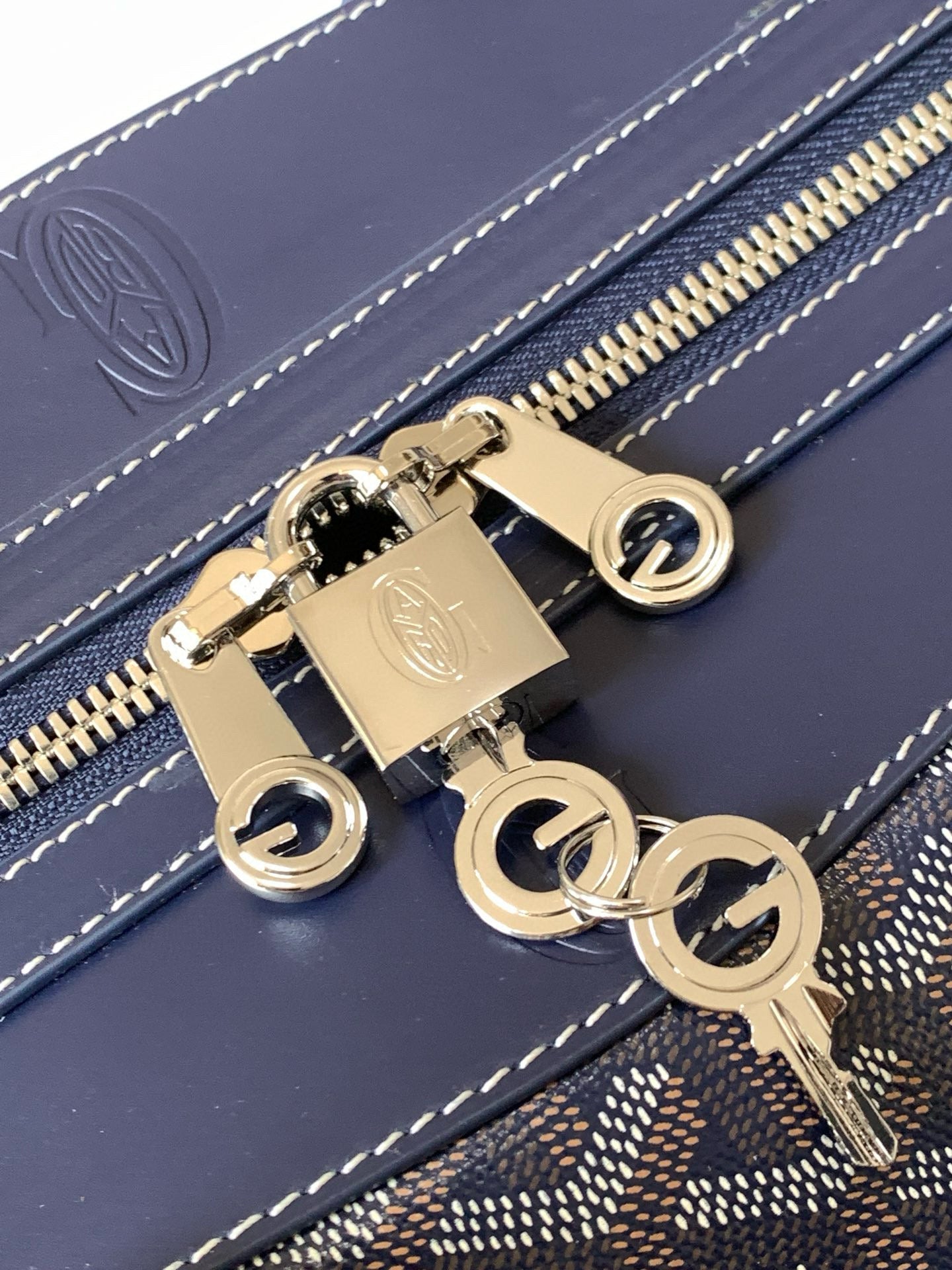 BOWLING 45 BAG IN NAVY BLUE GOYARDINE CANVAS AND CALFSKIN TRIM Amelia