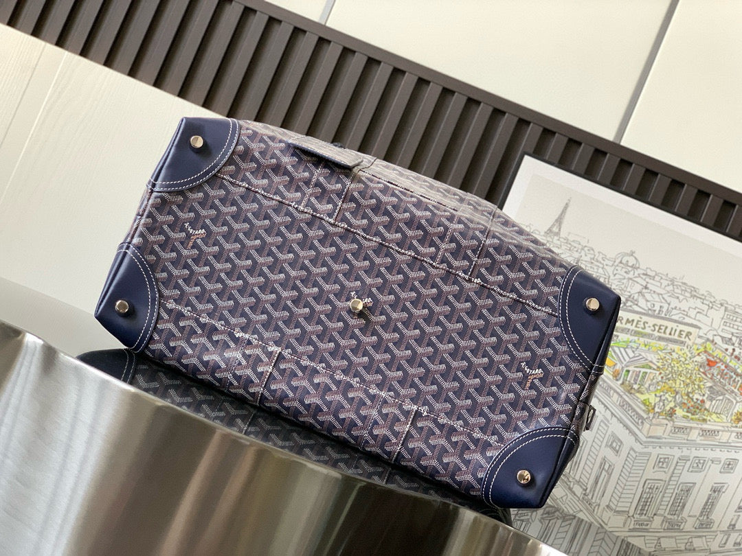 BOWLING 45 BAG IN NAVY BLUE GOYARDINE CANVAS AND CALFSKIN TRIM Amelia