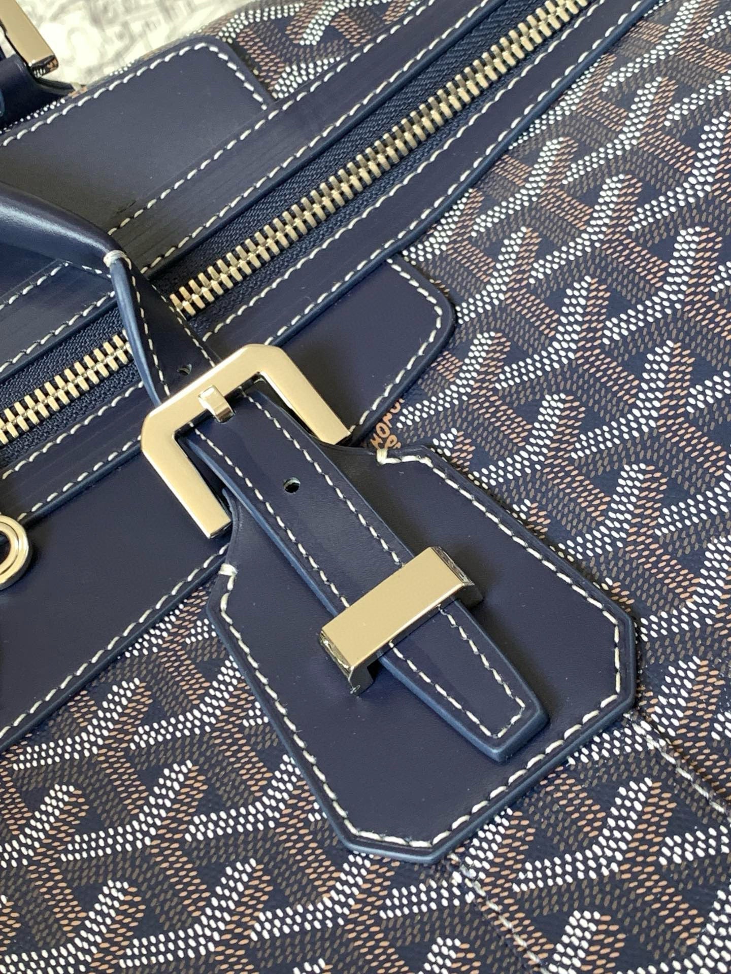 BOWLING 45 BAG IN NAVY BLUE GOYARDINE CANVAS AND CALFSKIN TRIM Amelia
