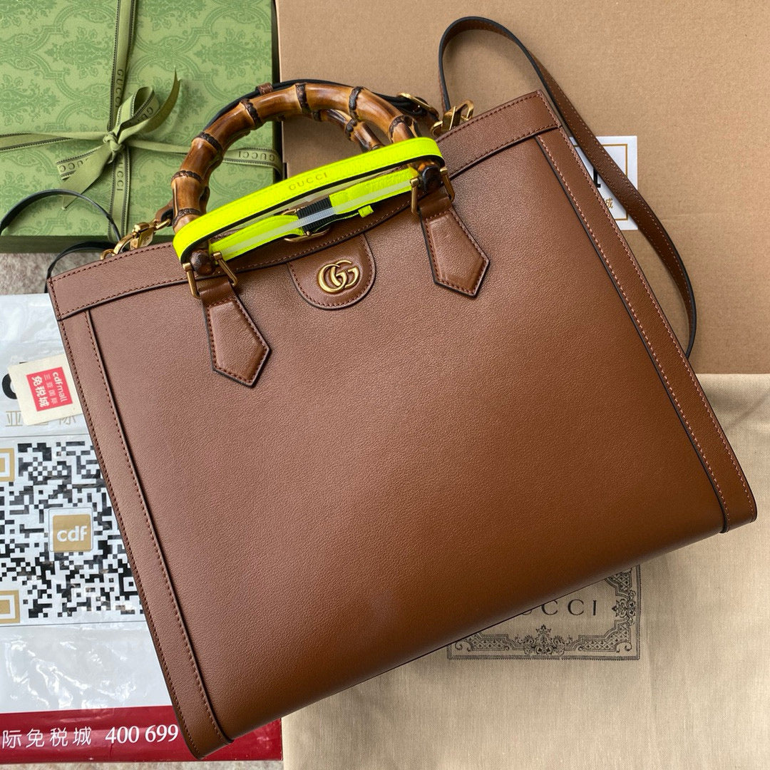 MEDIUM DIANA TOTE BAG 35 IN BROWN LACQUER CALFSKIN BAMBOO HANDLE Amelia Amelia