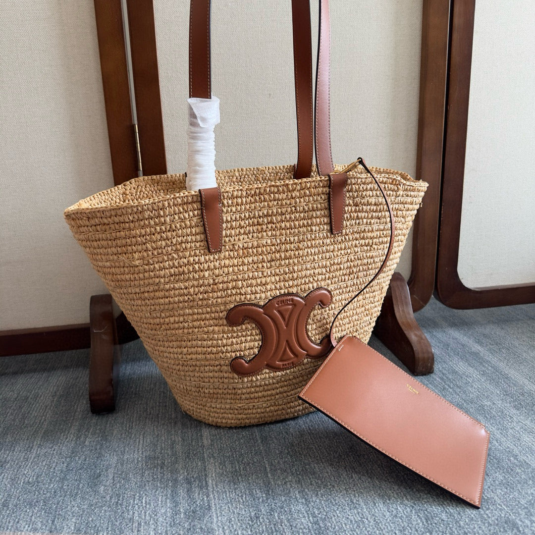 MEDIUM SUPPLE CELINE CLASSIC PANIER IN RAFFIA AND CALFSKIN Amelia Amelia