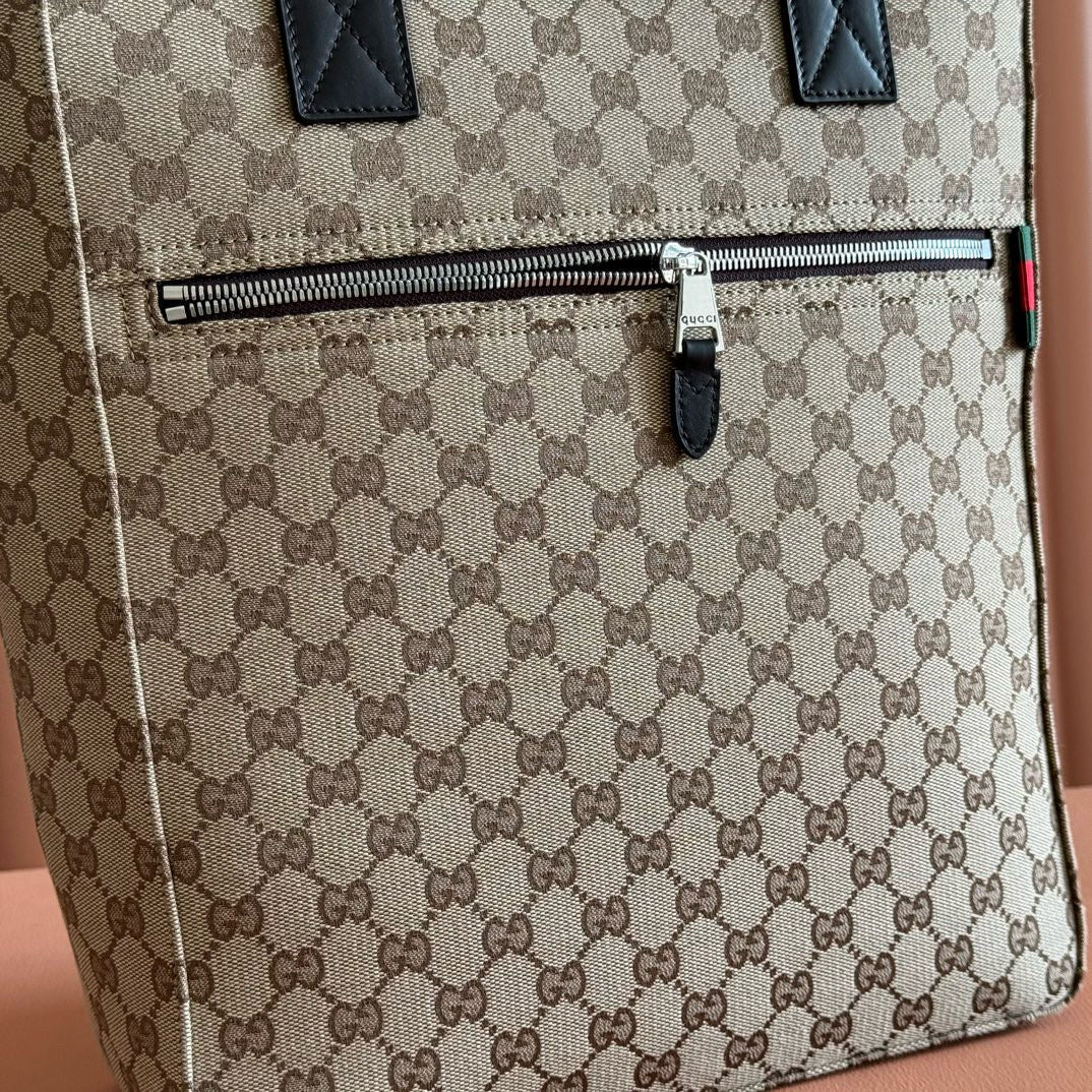 GG OPHIDIA FRONT ZIP POCKET TOTE BAG 36 IN BEIGE AND BROWN CANVAS Amelia Amelia
