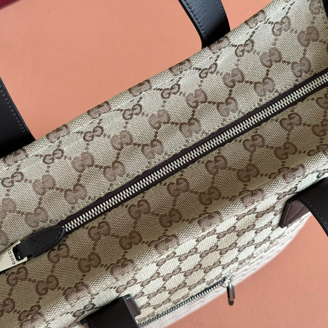 GG OPHIDIA FRONT ZIP POCKET TOTE BAG 36 IN BEIGE AND BROWN CANVAS Amelia Amelia