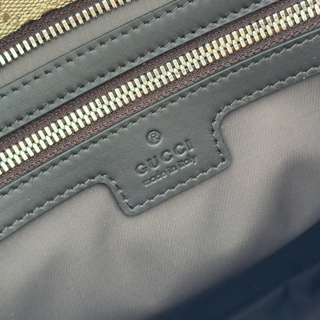 GG OPHIDIA FRONT ZIP POCKET TOTE BAG 36 IN BEIGE AND BROWN CANVAS Amelia