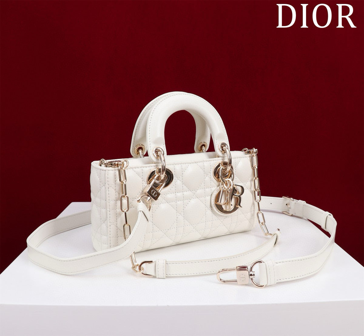 SMALL LADY D-JOY 22 WHITE LAMBSKIN GOLD HARDWARE Amelia