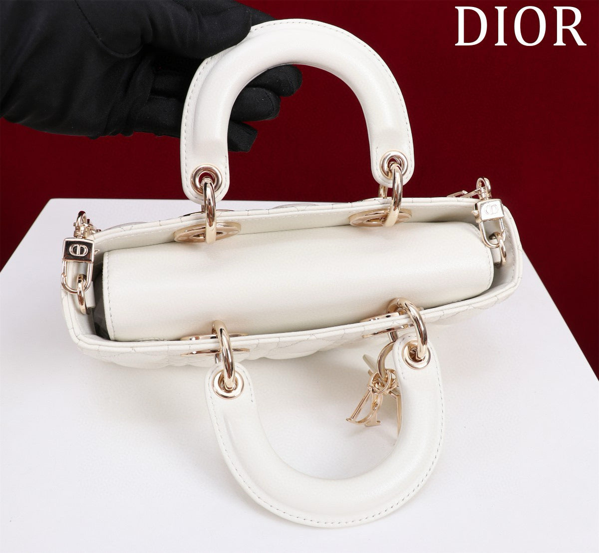 SMALL LADY D-JOY 22 WHITE LAMBSKIN GOLD HARDWARE Amelia