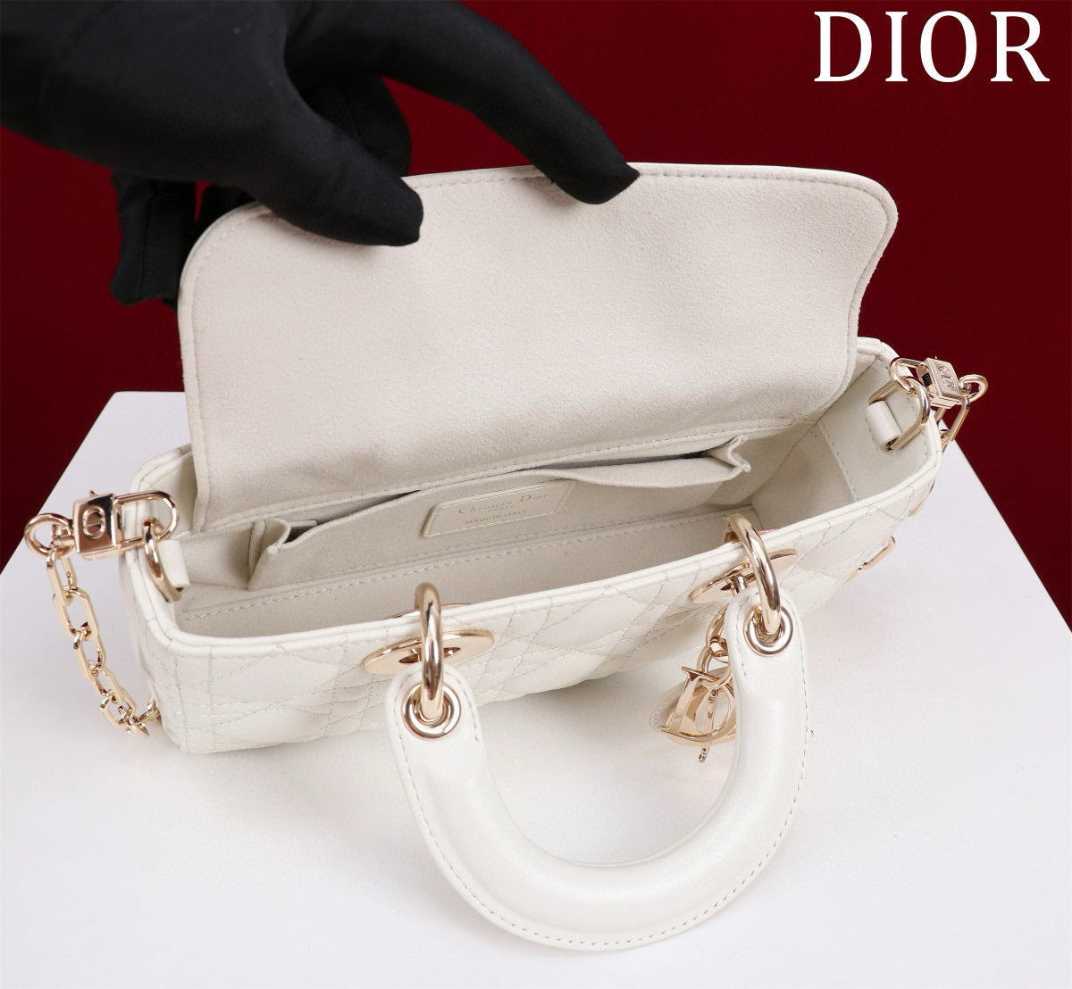 SMALL LADY D-JOY 22 WHITE LAMBSKIN GOLD HARDWARE Amelia