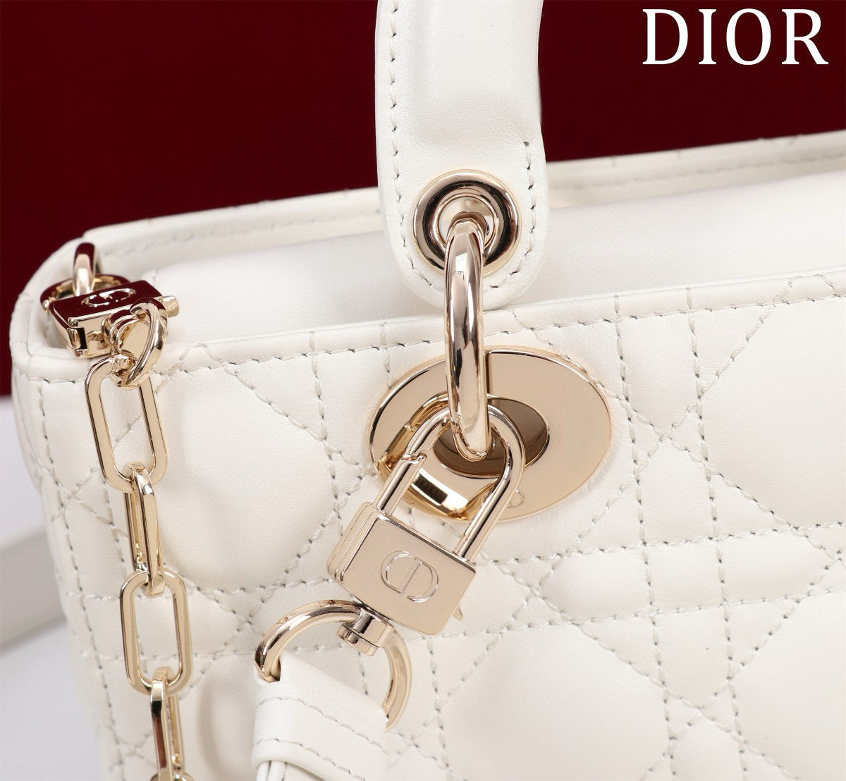 SMALL LADY D-JOY 22 WHITE LAMBSKIN GOLD HARDWARE Amelia