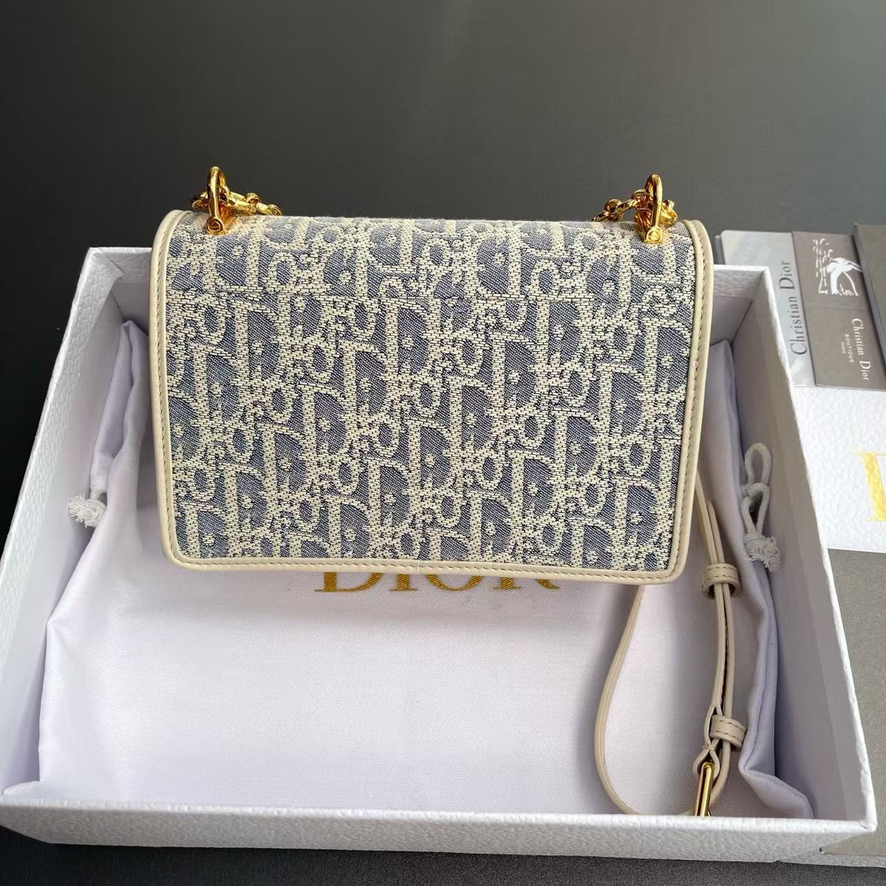 CD OBLIQUE SHOULDER BAG 18 IN BLUE AND BEIGE FABRIC GOLD-TONE CHAIN Amelia