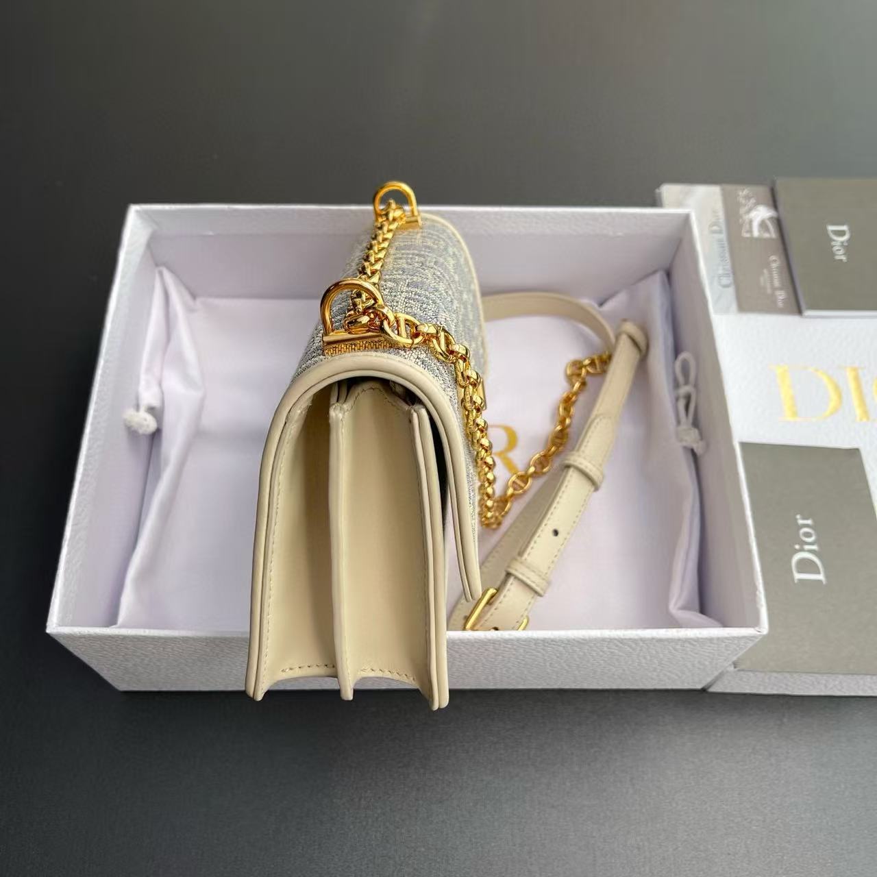 CD OBLIQUE SHOULDER BAG 18 IN BLUE AND BEIGE FABRIC GOLD-TONE CHAIN Amelia