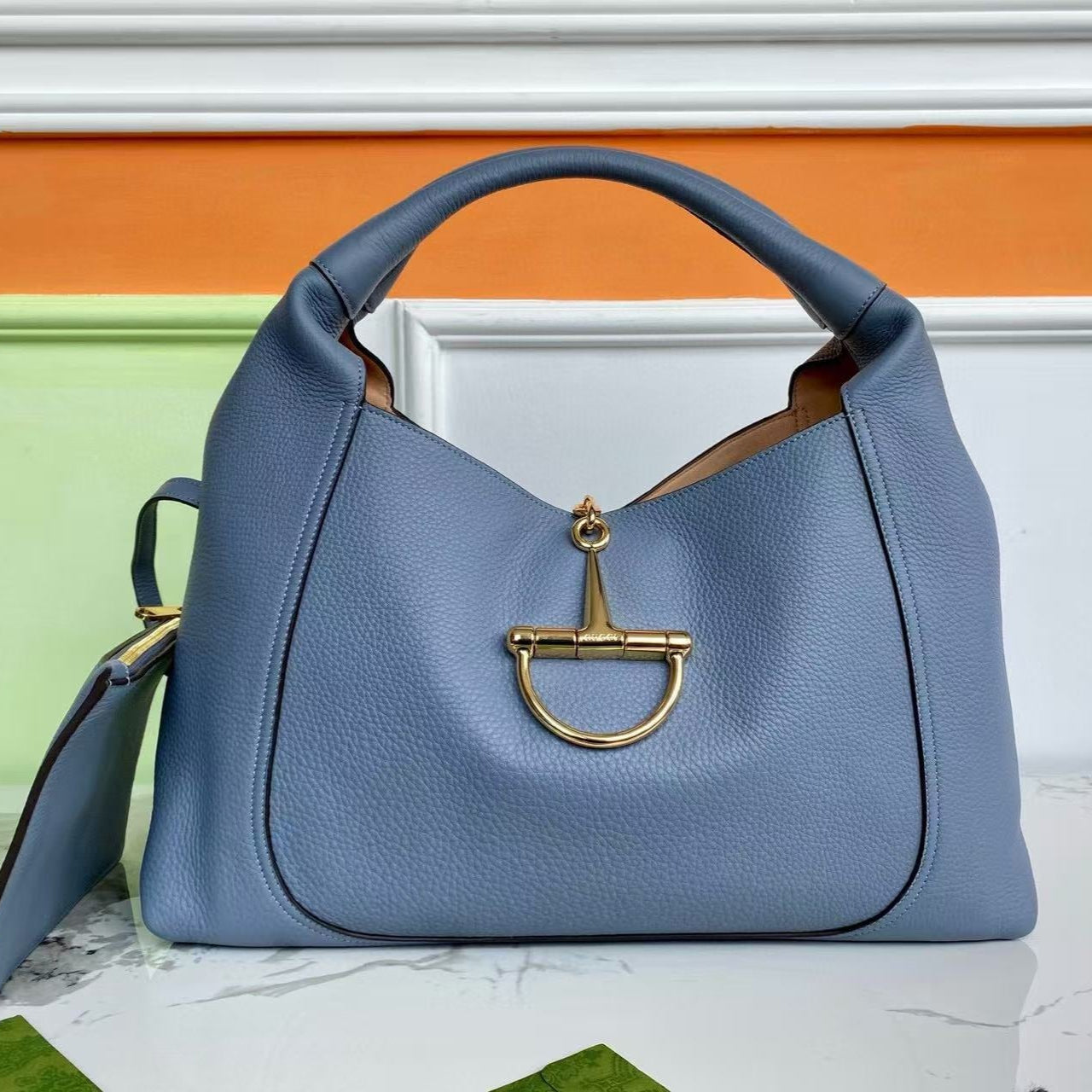 GG HORSEBIT HOBO BAG 46 IN LIGHT BLUE CALFSKIN GOLD HARDWARE Amelia