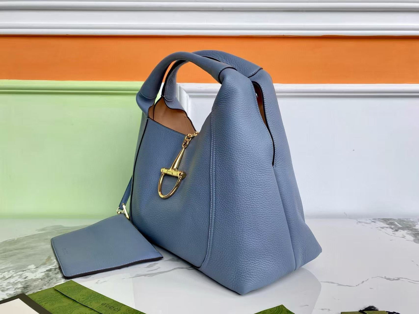 GG HORSEBIT HOBO BAG 46 IN LIGHT BLUE CALFSKIN GOLD HARDWARE Amelia Amelia