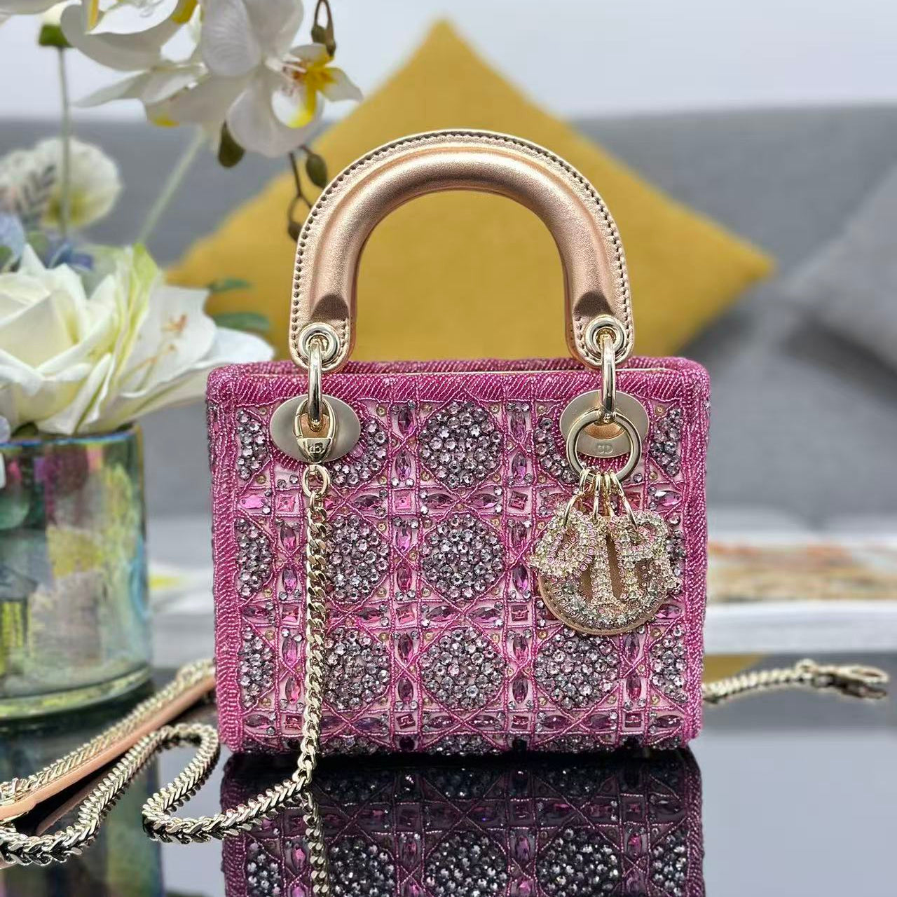 CRYSTAL LADY DIOR BAG 17 IN PINK CALFSKIN TP3 Amelia