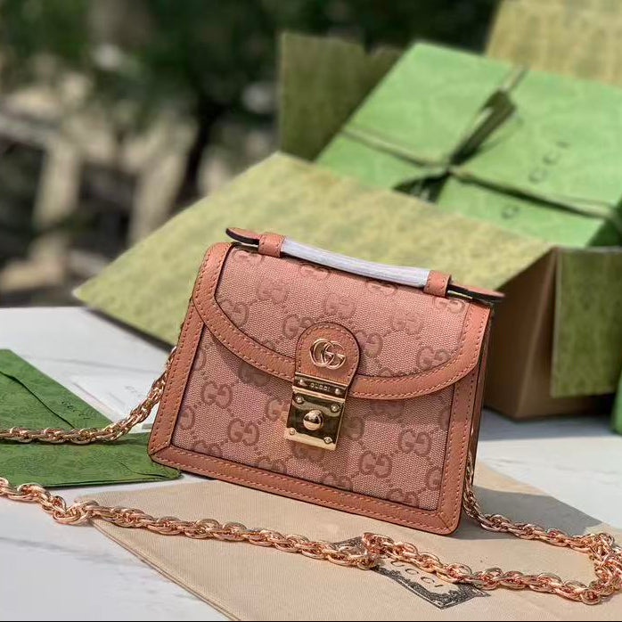 GUCCI OPHIDIA SHOULDER BAG 17 IN PINK CANVAS WITH LEATHER TRIM Amelia