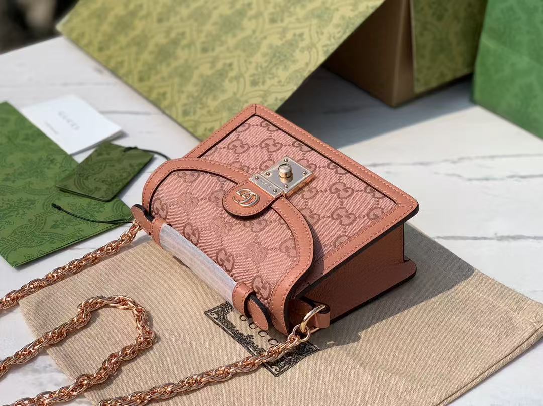 GUCCI OPHIDIA SHOULDER BAG 17 IN PINK CANVAS WITH LEATHER TRIM Amelia Amelia