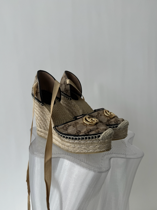 Gucci Beige/Black GG Canvas And Leather Platform Wedge Ankle Tie Up Sandals - FULL SET