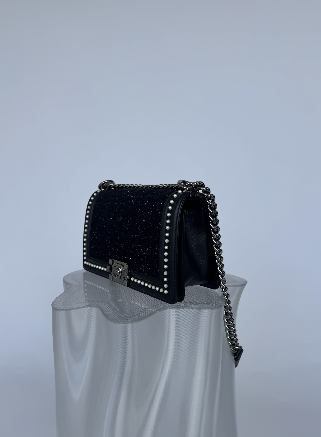 CHANEL Calfskin Pearl Tweed Medium Boy Flap Black - FULL SET