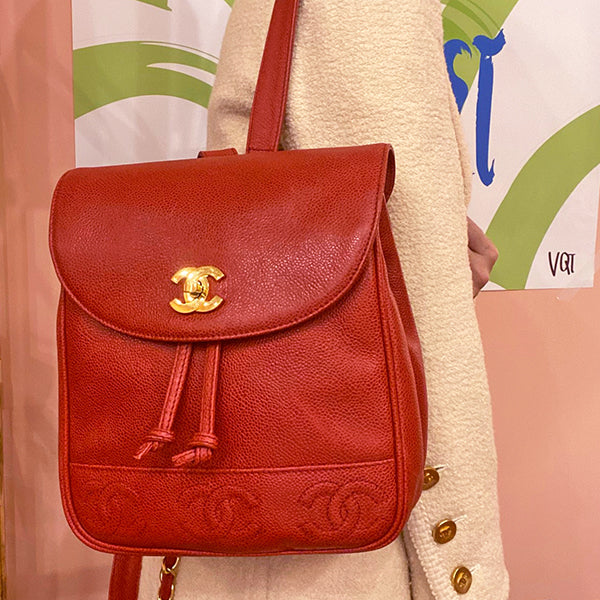 Chanel Around 1995 Made Caviar Skin Cc Mark Plate Backpack Red