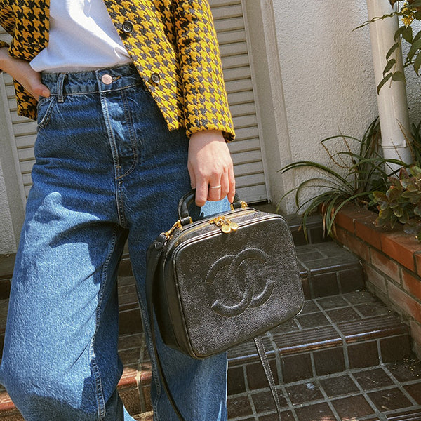 Chanel Around 1997 Made Caviar Skin Cc Mark Stitch 2Way Vanity Black