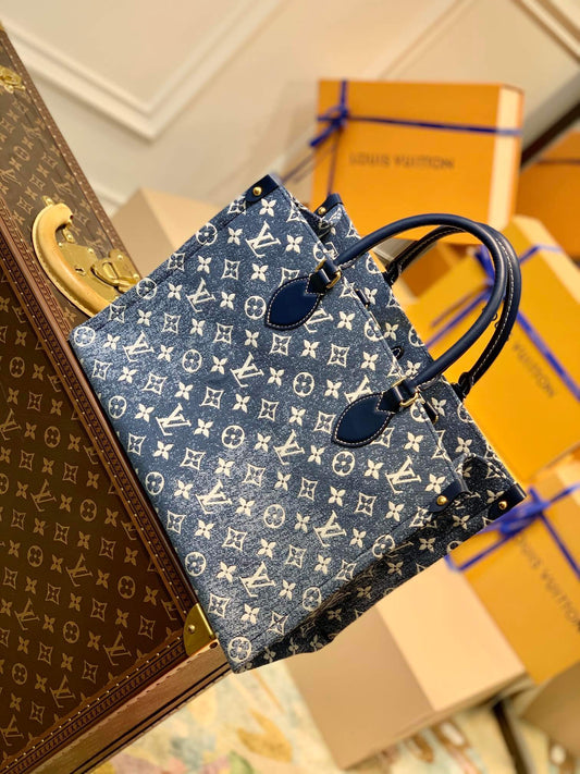 ONTHEGO MM M59608 Denim Leather Bag Navy Blue