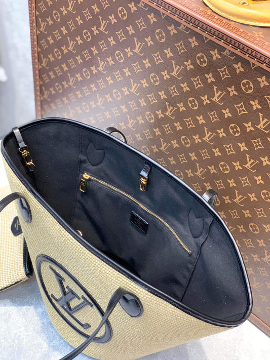 M59963 M59808 Black Plain Leather Logo Straw Bags 2022 SS free shipping