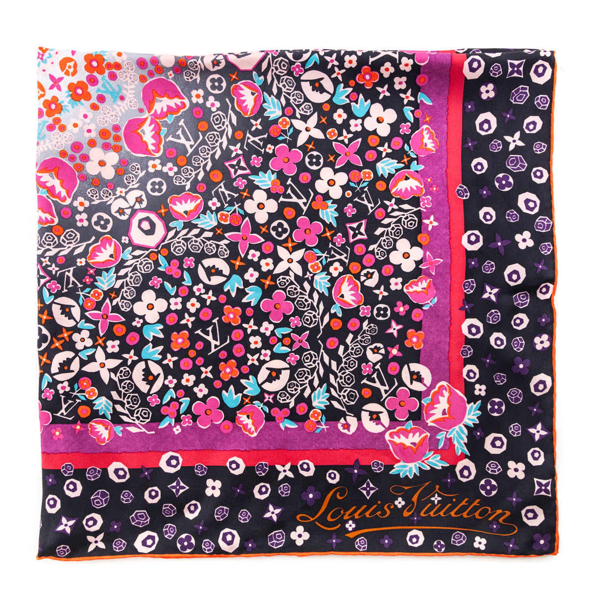 Louis Vuitton Pink, Black & Orange Lily Silk Scarf