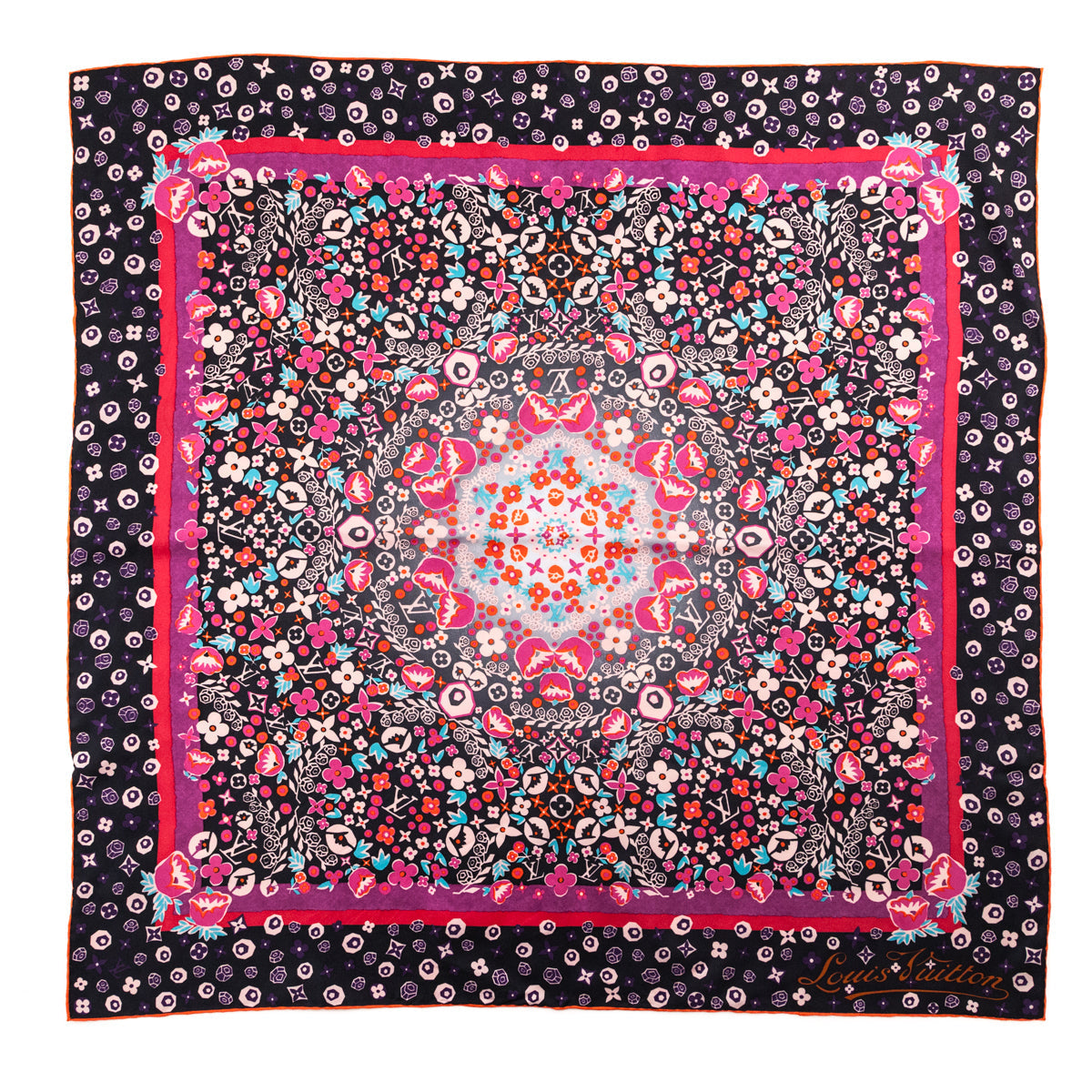 Louis Vuitton Pink, Black & Orange Lily Silk Scarf