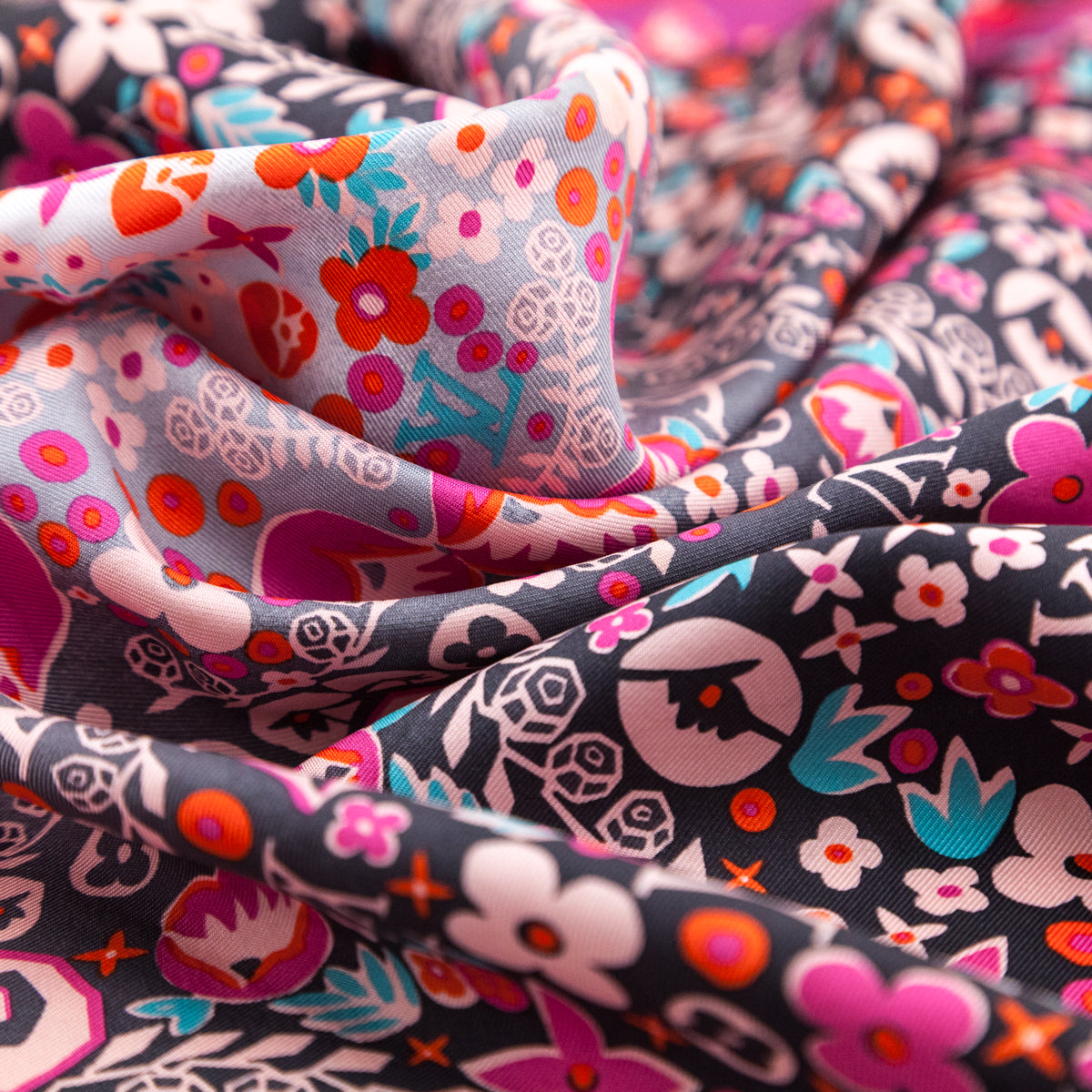 Louis Vuitton Pink, Black & Orange Lily Silk Scarf