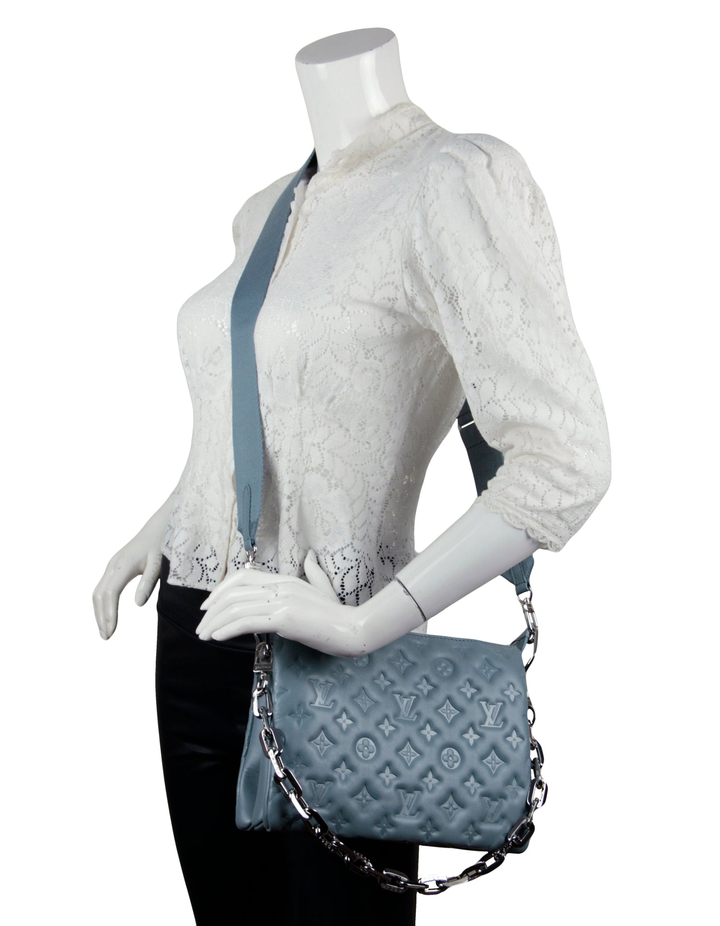 Louis Vuitton Blue Glacier Lambskin Leather Embossed Monogram Coussin PM Bag