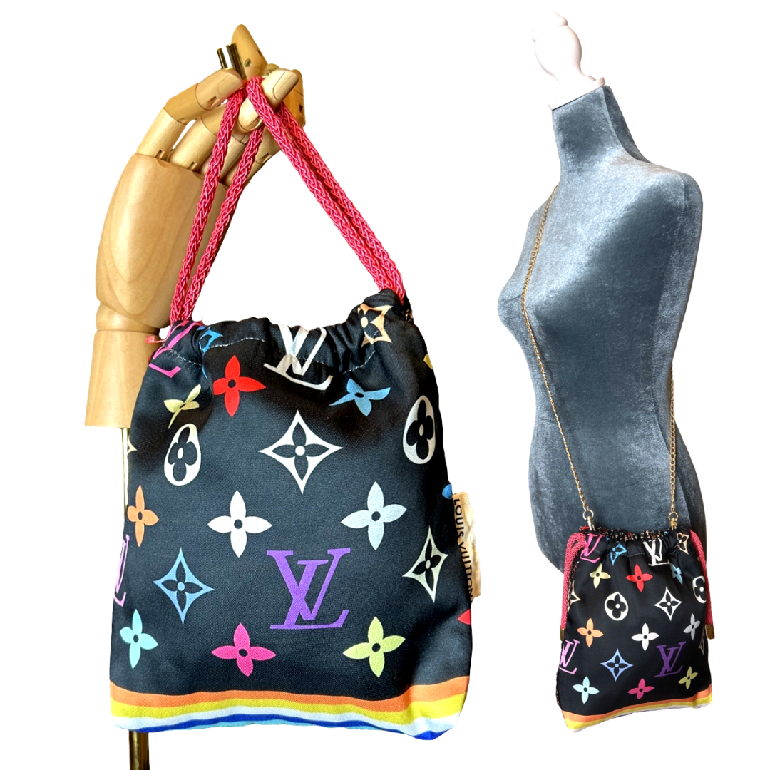 LV Monogram Noir   Silk Scarf Drawstring Crossbody Bag