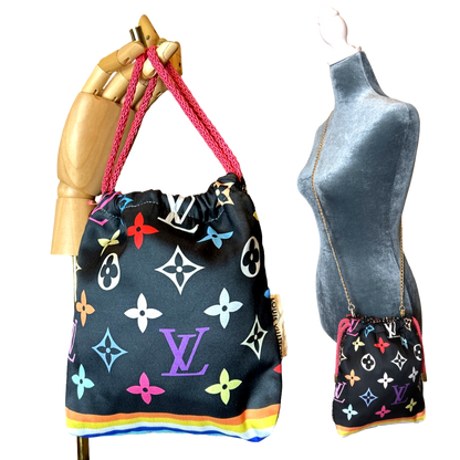 LV Monogram Noir   Silk Scarf Drawstring Crossbody Bag