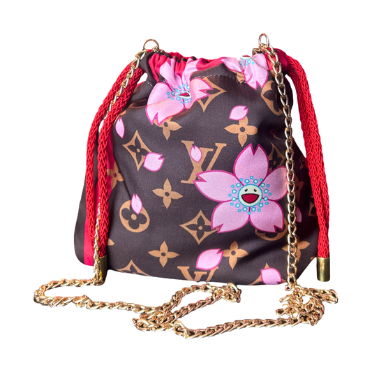 LV Monogram Cherry Blossom   Silk Scarf Drawstring Crossbody Bag