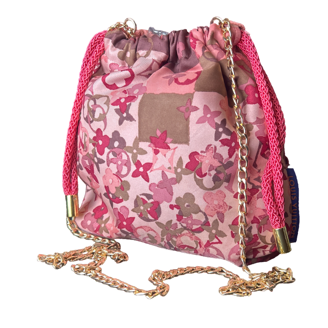 LV Tumbled Monogram   Silk Scarf Drawstring Crossbody Bag