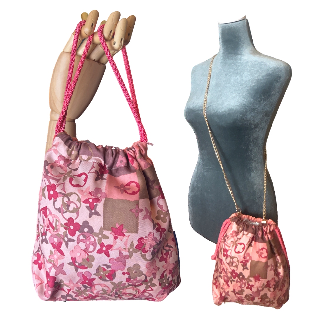 LV Tumbled Monogram   Silk Scarf Drawstring Crossbody Bag