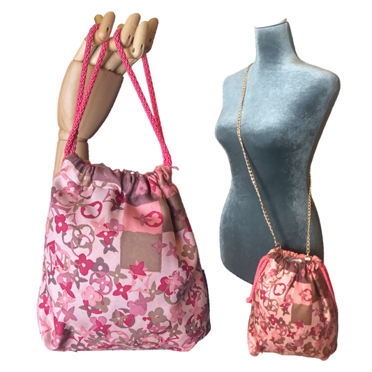 LV Tumbled Monogram   Silk Scarf Drawstring Crossbody Bag