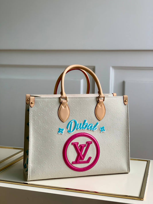 M20815 ONTHEGO TOTE BAG EMBROIDERED AND LEATHER TRIM SMALL 35 white rose
