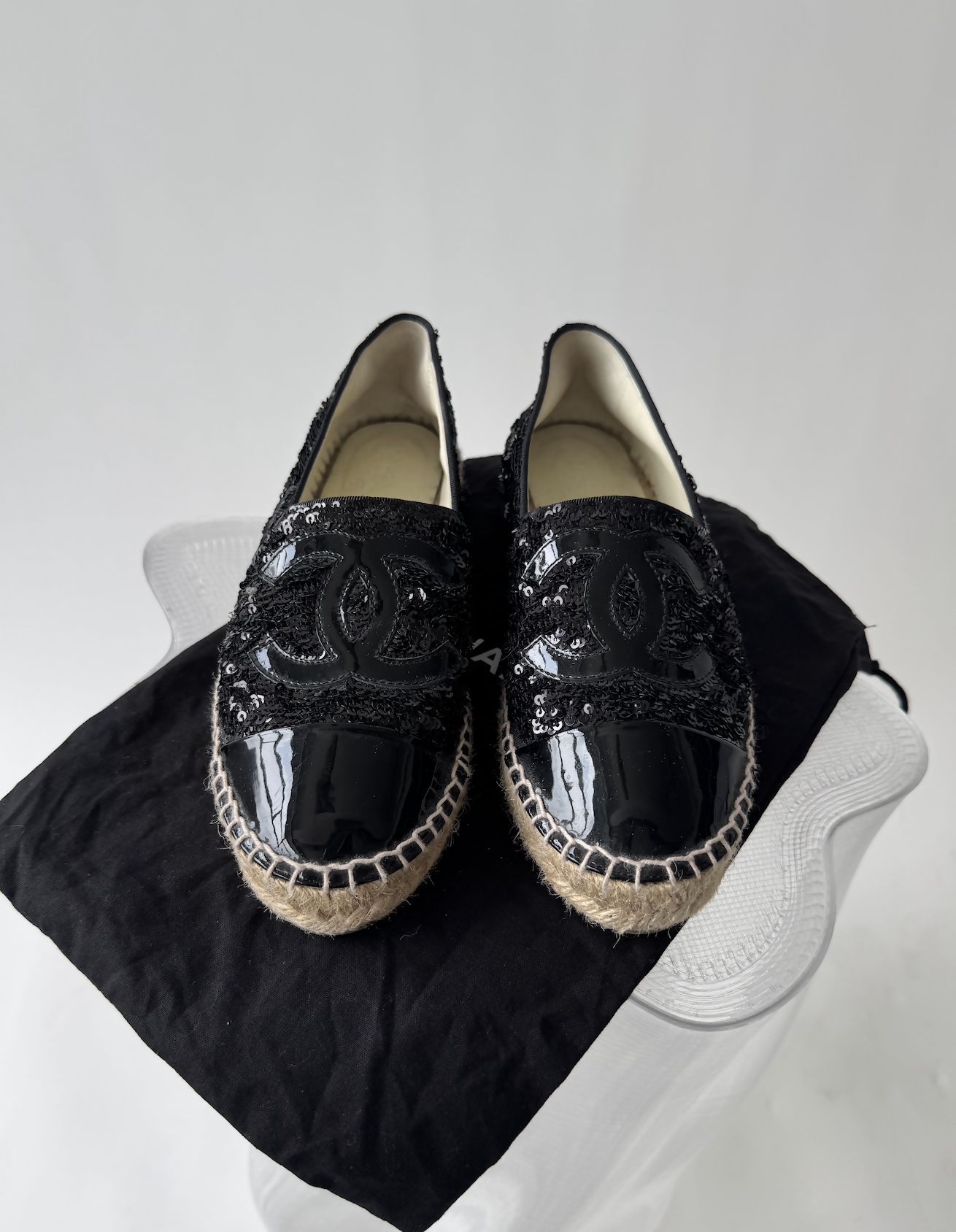 Chanel Black Sequins and Patent Leather CC Cap Toe Espadrille