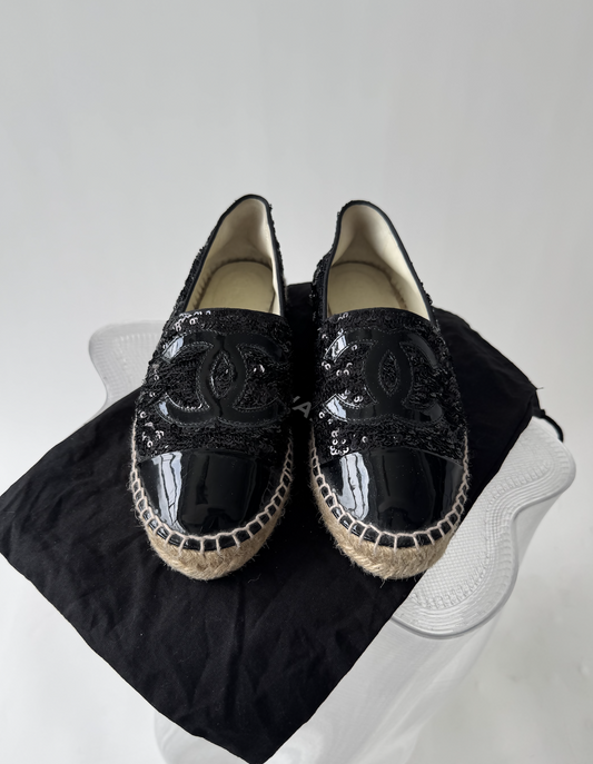 Chanel Black Sequins and Patent Leather CC Cap Toe Espadrille