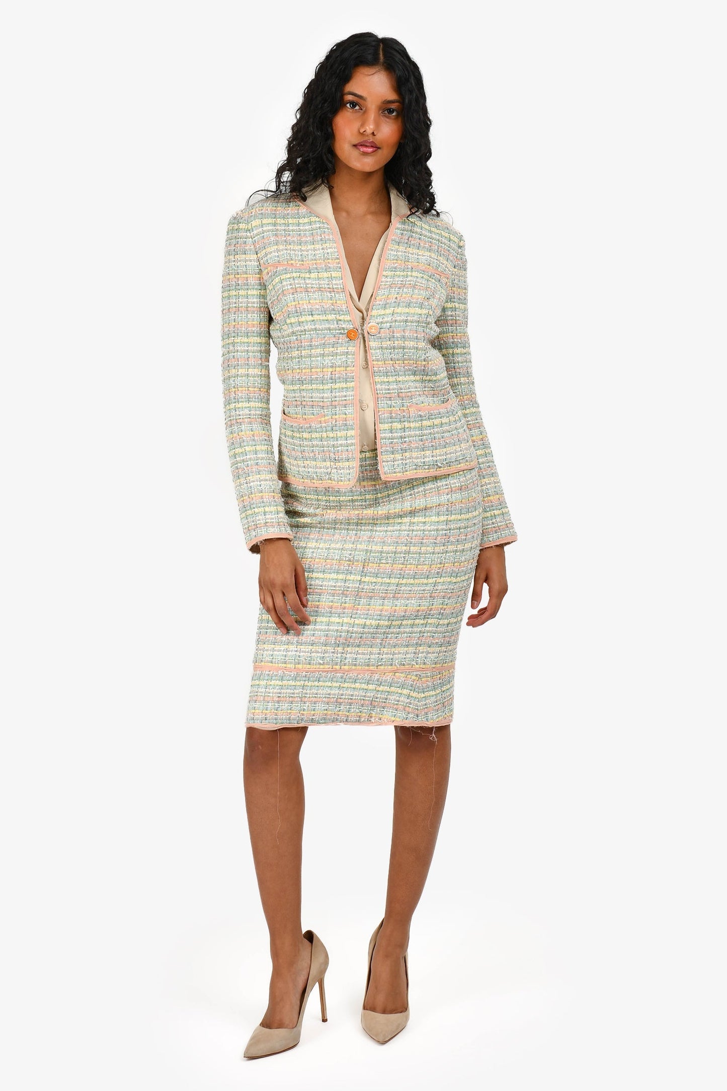 Chanel™ 05P Pink/Green Tweed Jacket with Midi Skirt Set Size 36