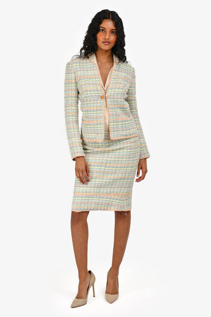 Chanel™ 05P Pink/Green Tweed Jacket with Midi Skirt Set Size 36