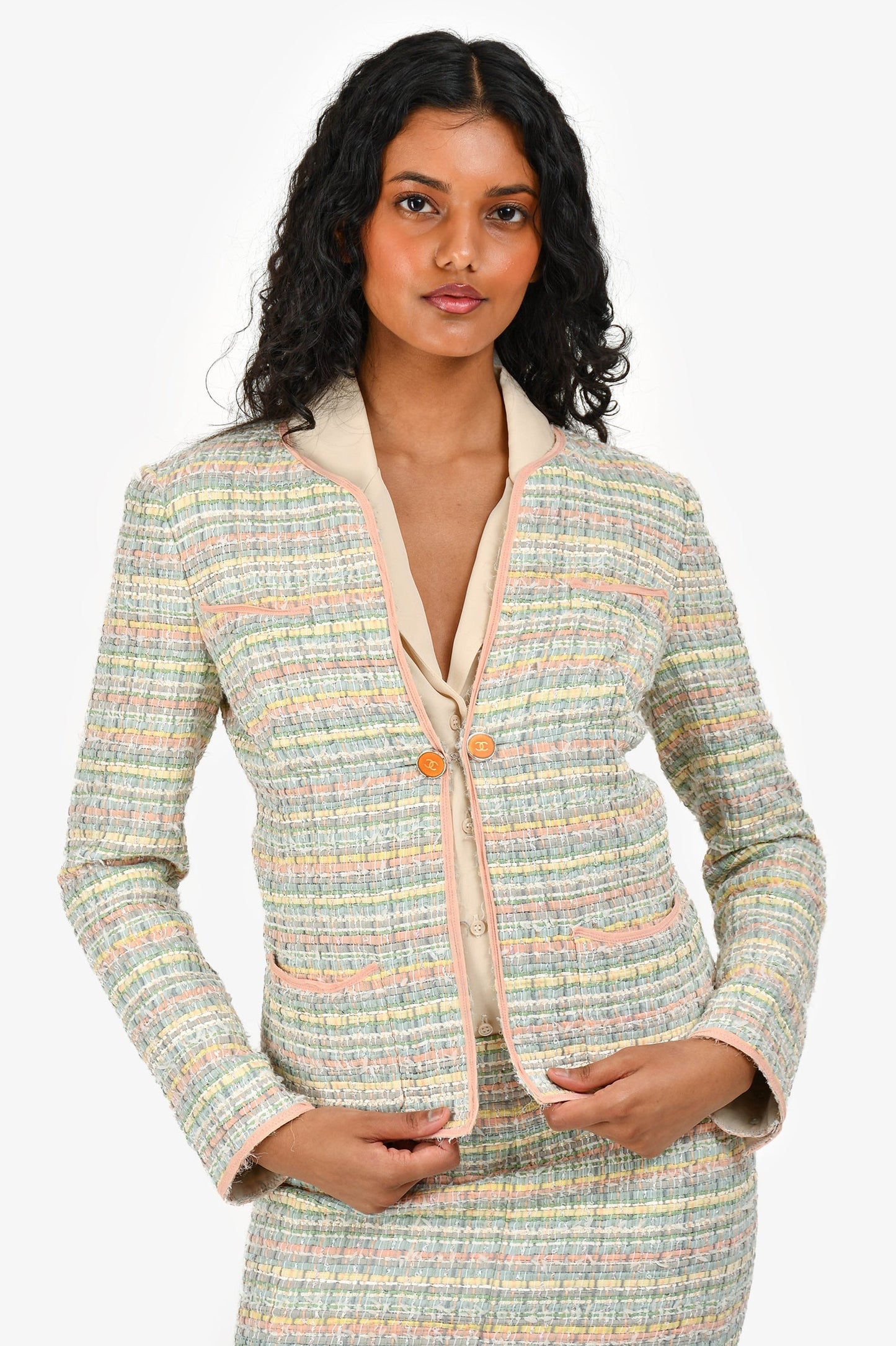 Chanel™ 05P Pink/Green Tweed Jacket with Midi Skirt Set Size 36
