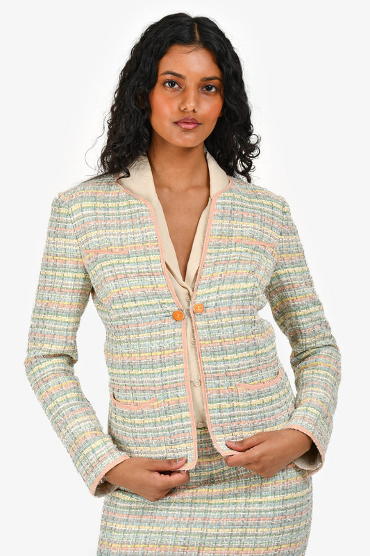 Chanel™ 05P Pink/Green Tweed Jacket with Midi Skirt Set Size 36