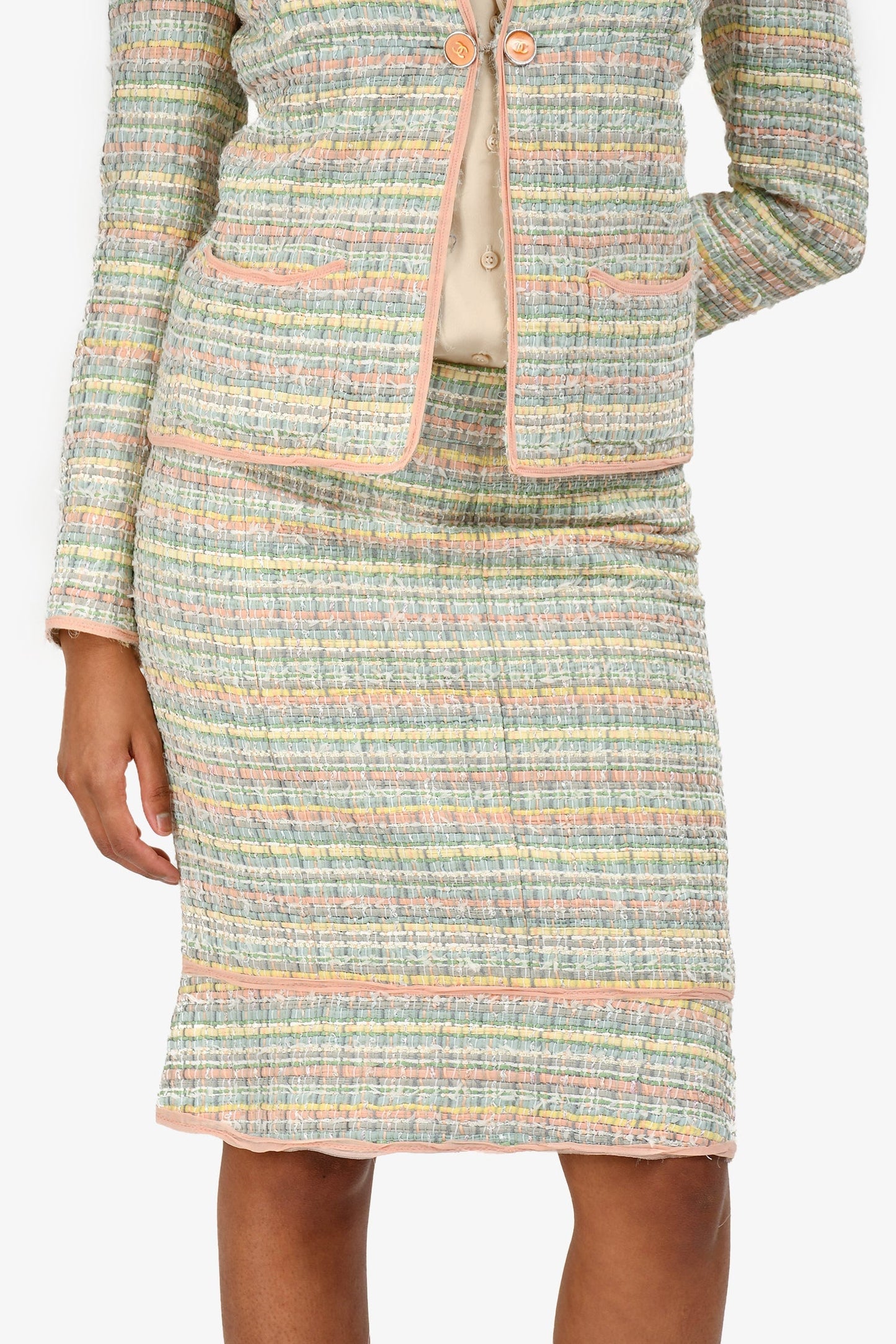 Chanel™ 05P Pink/Green Tweed Jacket with Midi Skirt Set Size 36
