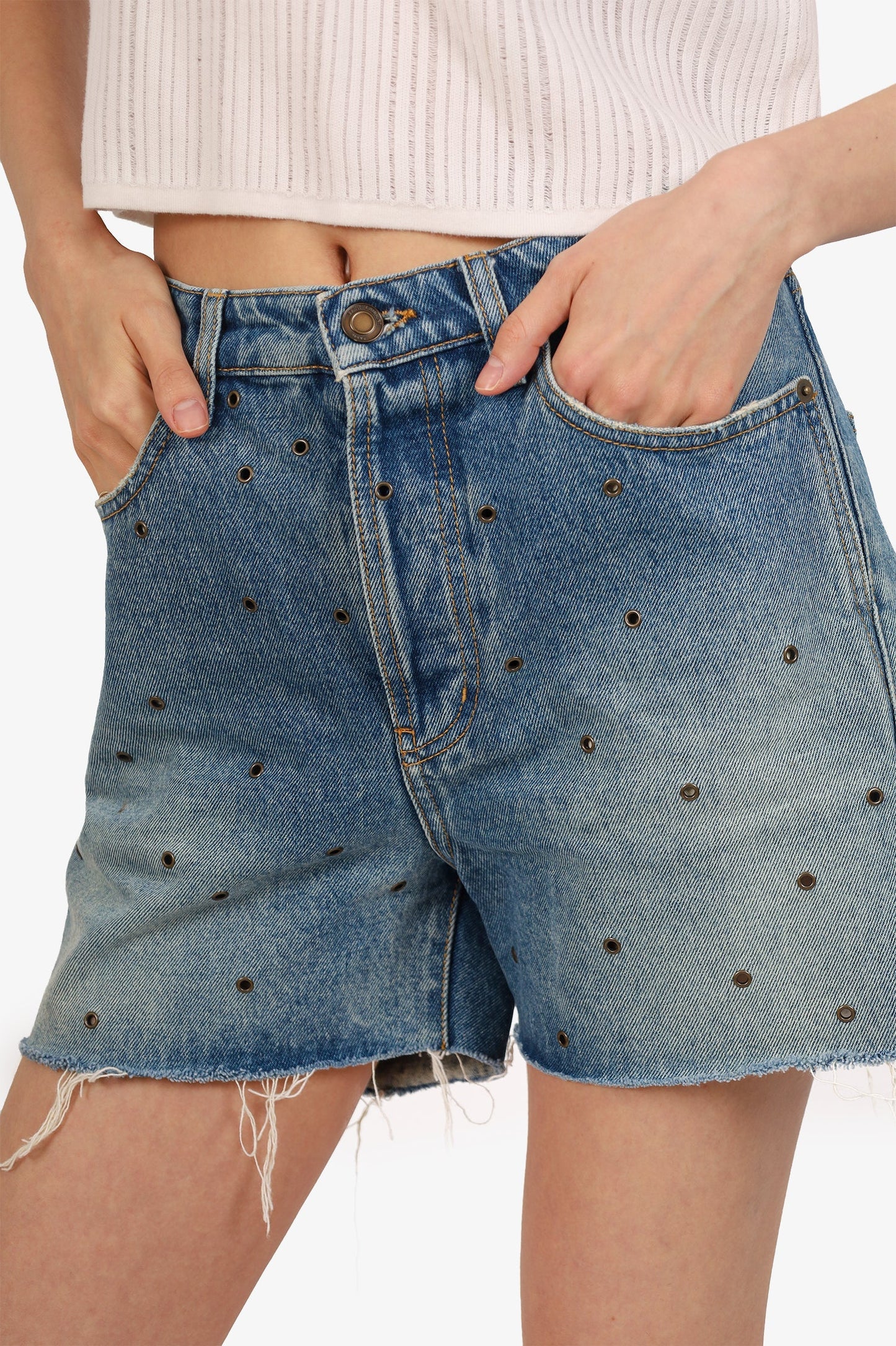 Saint Laurent Blue Eyelet Studded Denim Shorts Size 30