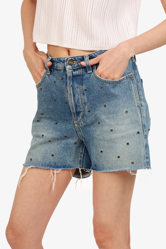 Saint Laurent Blue Eyelet Studded Denim Shorts Size 30