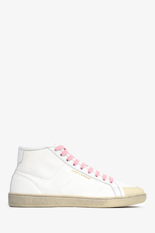 Saint Laurent White Canvas/Leather Pink Lace Mid Top Sneakers Size 37