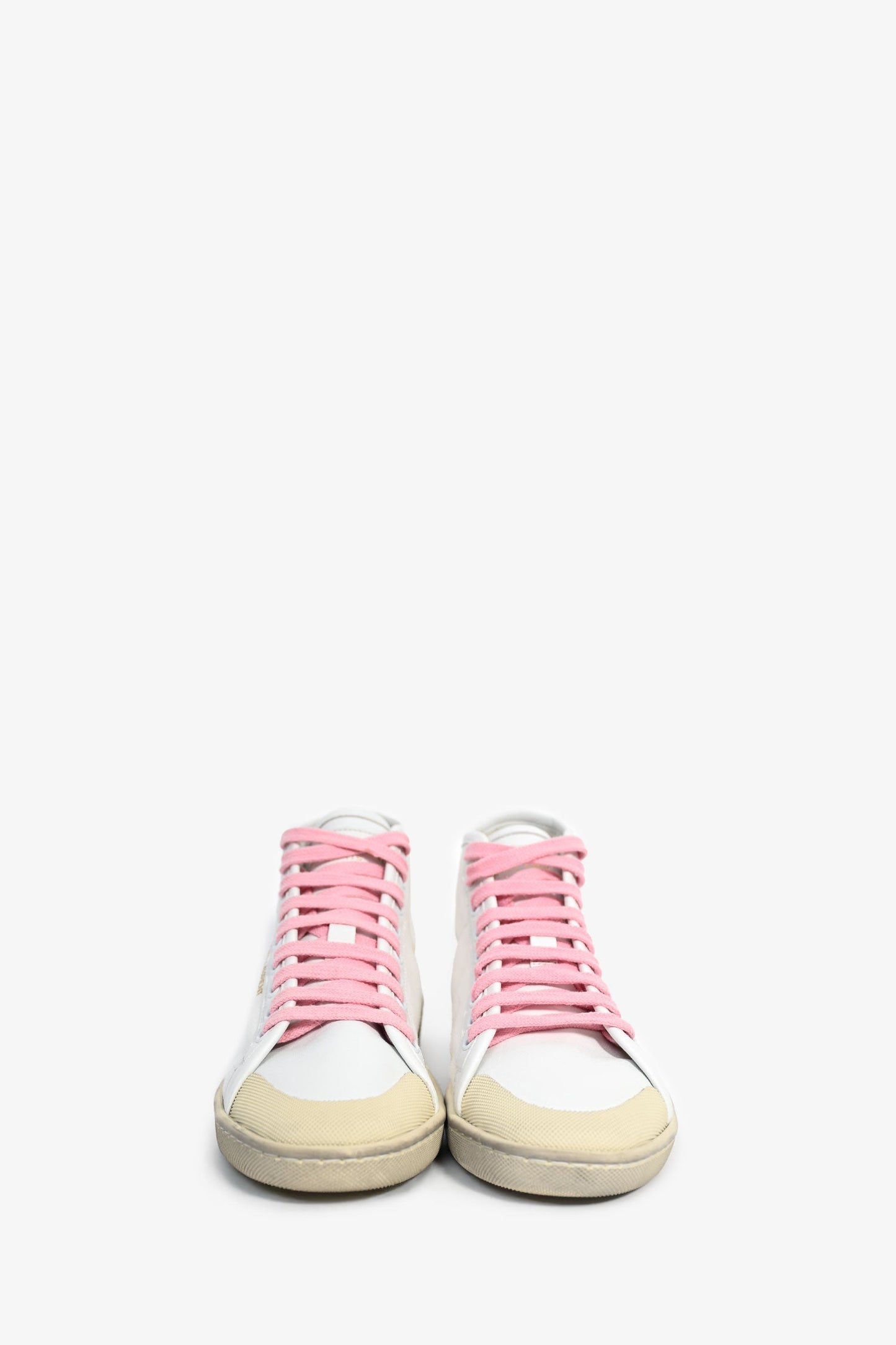 Saint Laurent White Canvas/Leather Pink Lace Mid Top Sneakers Size 37