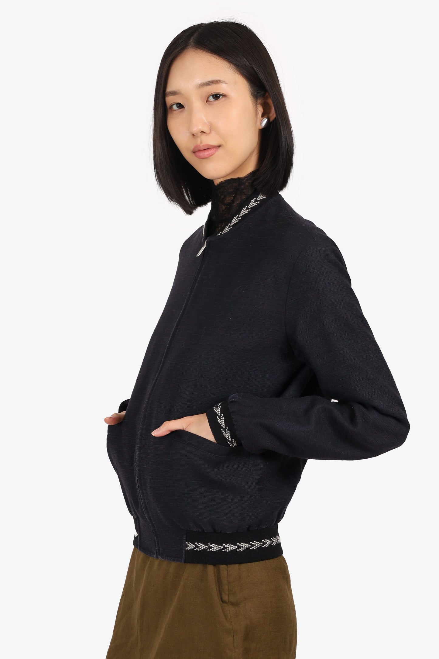 Saint Laurent Navy Embroidered Bomber Jacket Size 44 Mens
